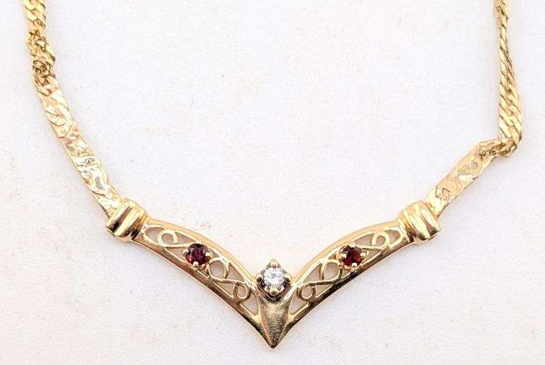 (AJ) 14K Yellow Gold V-Chevron Filigree Necklace with Ruby & Diamond Accents - Damaged Chain