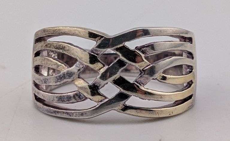 Sterling Silver Openwork Woven Interlocking Lattice Band Ring