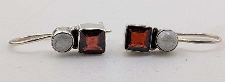 Sterling Silver Square Garnet & Round Moonstone Drop Earrings