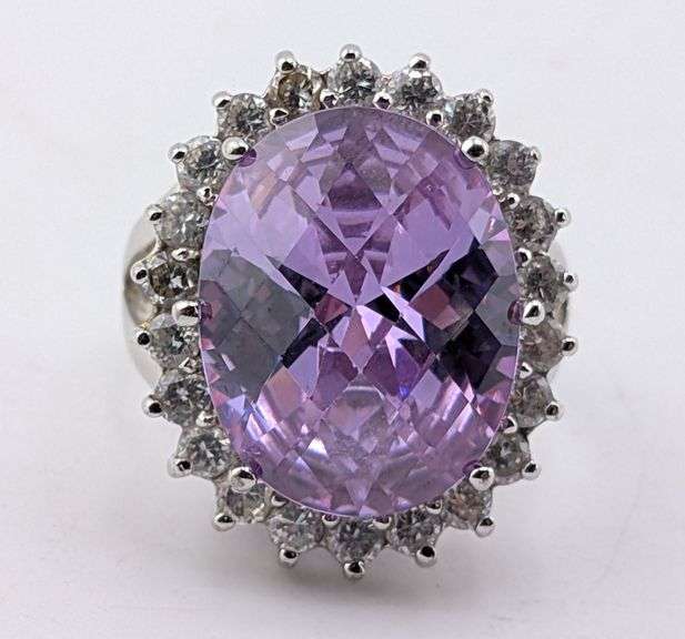 Sterling Silver Oval Amethyst and Clear CZ Halo Cocktail Ring