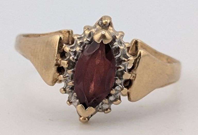 (AJ) 10K Yellow Gold Marquise Garnet and Diamond Accent Halo Ring