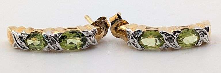 Sterling Gold Tone Peridot & Diamond Half Moon Earrings