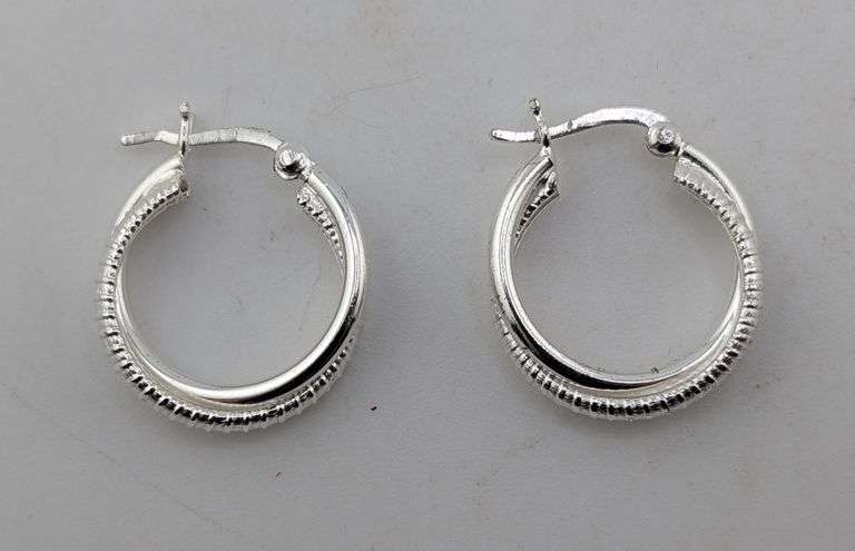 Sterling Double Hoop Diamond Cut Earrings
