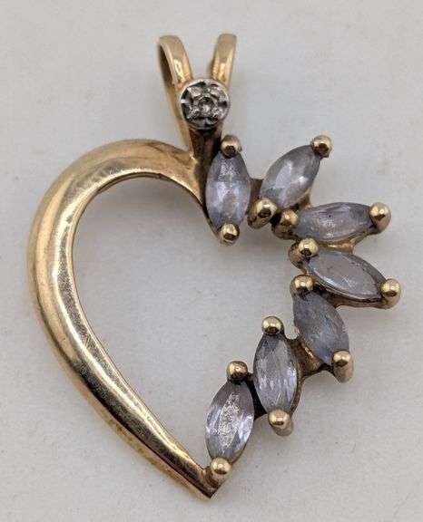 (AJ) 10K Yellow Gold Marquise Pale Blue Gemstone Asymmetric Open Heart Pendant
