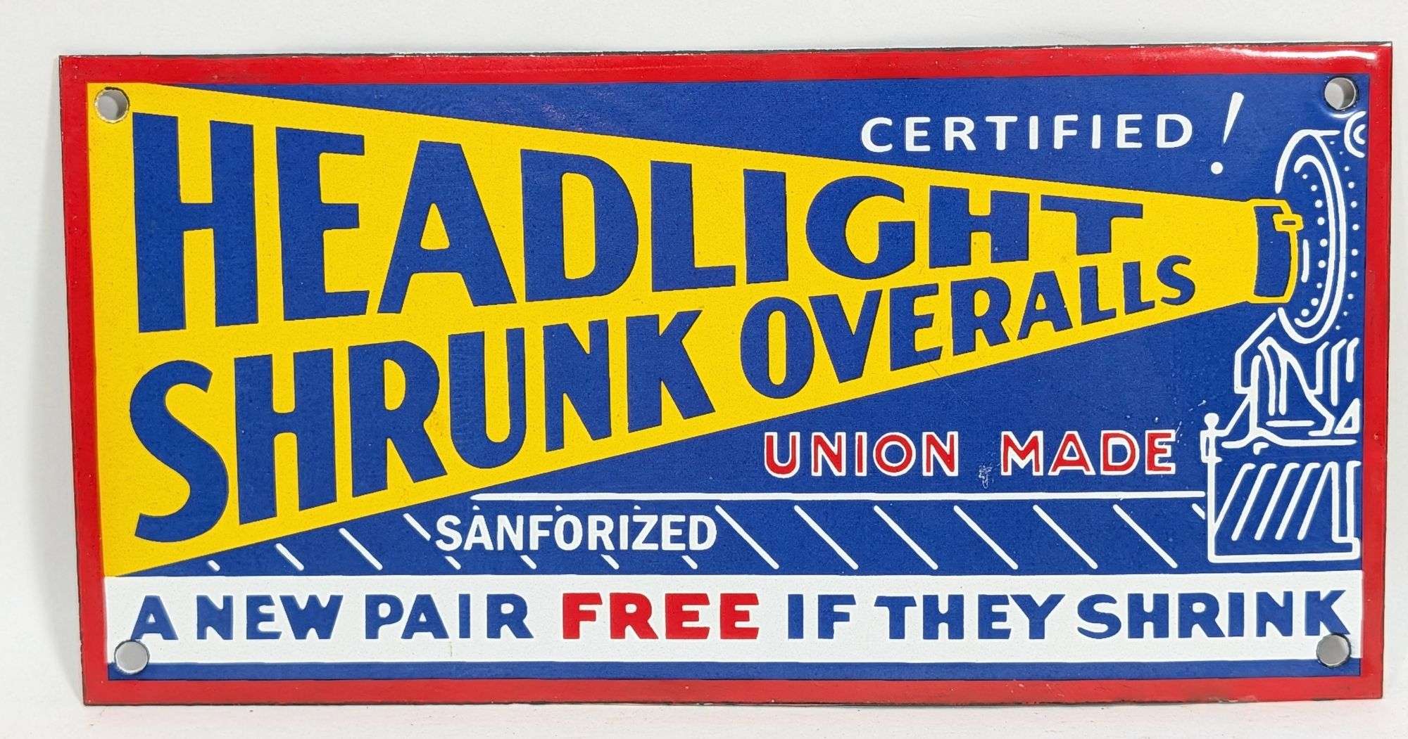 10in Porcelain Headlight Overalls Sign - Kraft Auction Service, LLC