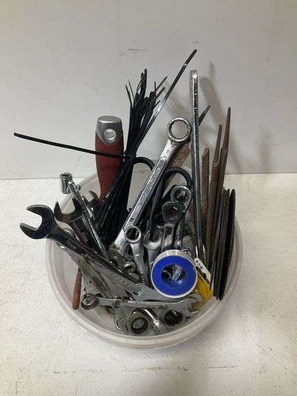 Misc tool bucket, wrenches, files, metal cutting wheels and more