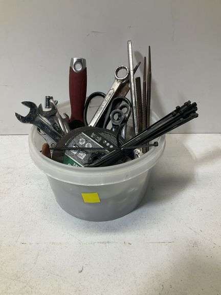 Misc tool bucket, wrenches, files, metal cutting wheels and more