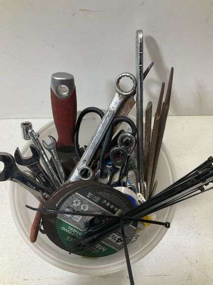 Misc tool bucket, wrenches, files, metal cutting wheels and more