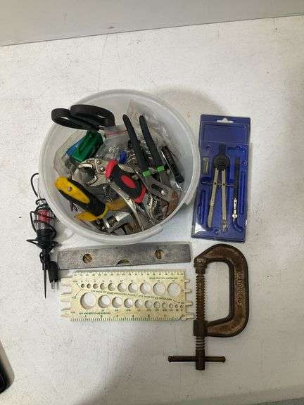 Misc tool bucket compass kit, wrenches, pliers, bolts, nuts, bits and more