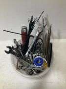 Misc tool bucket, wrenches, files, metal cutting wheels and more