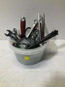 Misc tool bucket, wrenches, files, metal cutting wheels and more