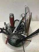 Misc tool bucket, wrenches, files, metal cutting wheels and more