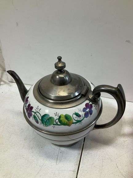 Graniteware pewter trimmed teapot