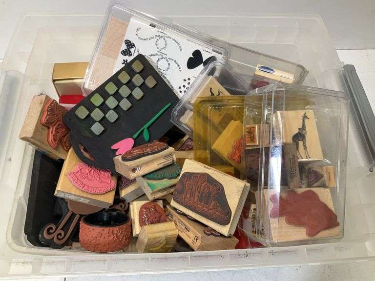 Large clear tote of rubber stamps scrapbook