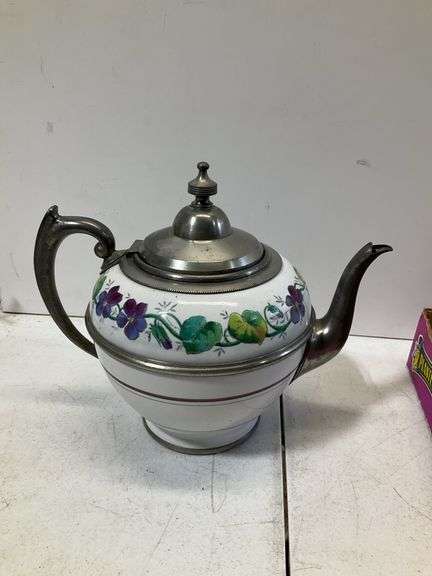 Graniteware pewter trimmed teapot
