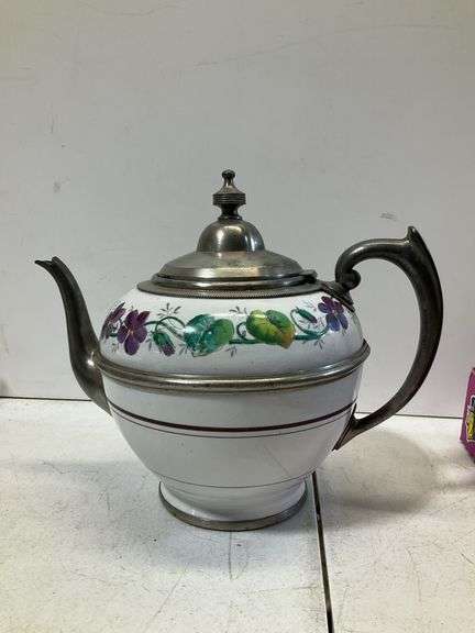 Graniteware pewter trimmed teapot