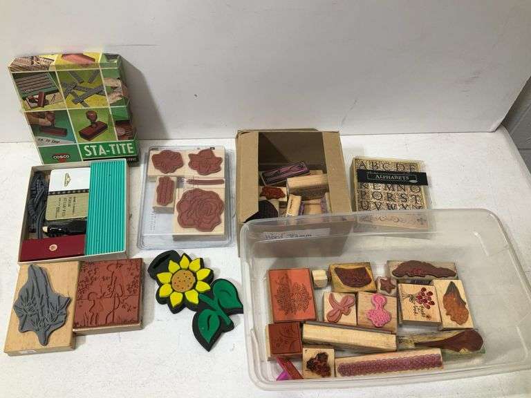 Tote of scrapbooking rubber stamps