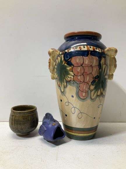 (3) 12” porcelain vase, ceramic fish, and bowl