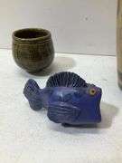 (3) 12” porcelain vase, ceramic fish, and bowl