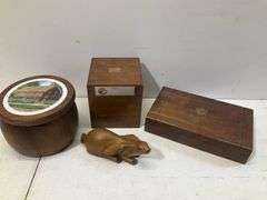 (4) wooden boxes, bowls, and bunny rabbit