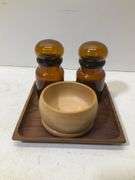 (4) wooden dishes, and glass jar lot