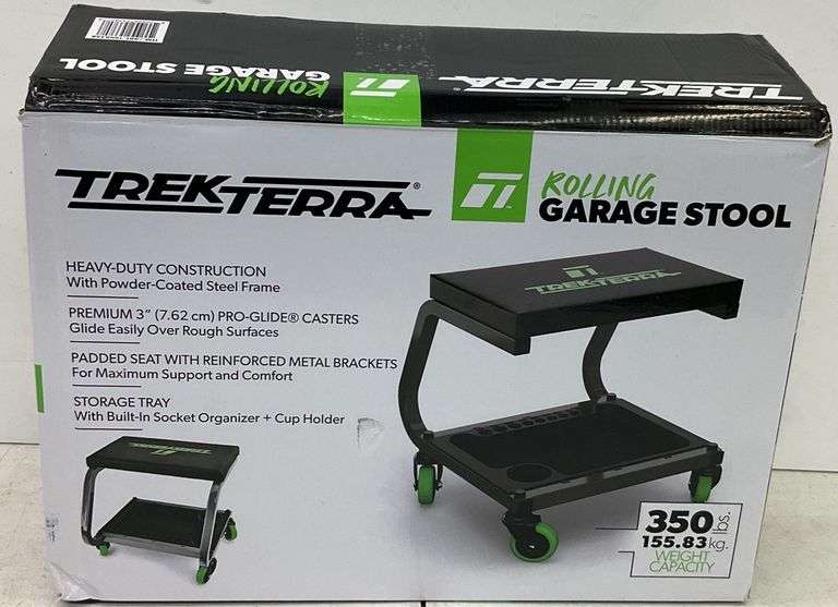 TrekTerra rolling garage stool, powder coated, steel frame construction