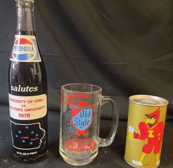 Pepsi bottle, Old Style mug, empty Cyclone beer can