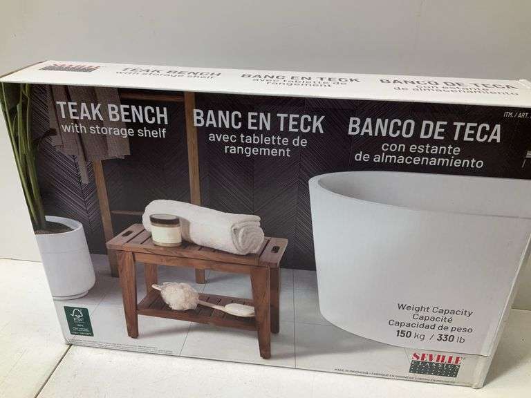 Teak bench with storage shelf