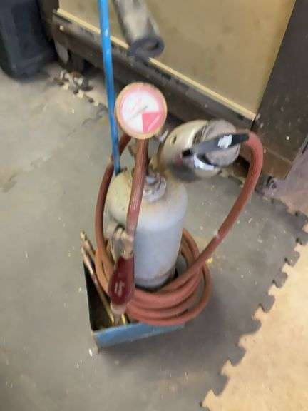 Presto-O-Lite acetylene tank, wand tip & stand