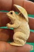 Netsuke Frog with Leaf Umbrella Ivory/Bone
