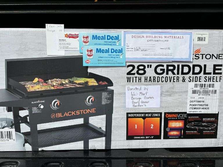 28" Blackstone Griddle with gift cards from Design Homes, Dairy Queen, and Hardee's