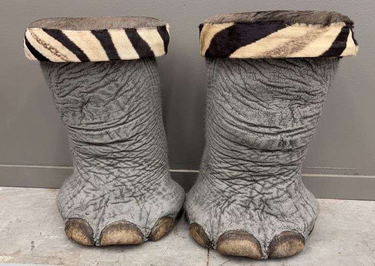 Sound Notes 9th Pair of Ornate Elephant Foot Stools - Kramer Auction LLC