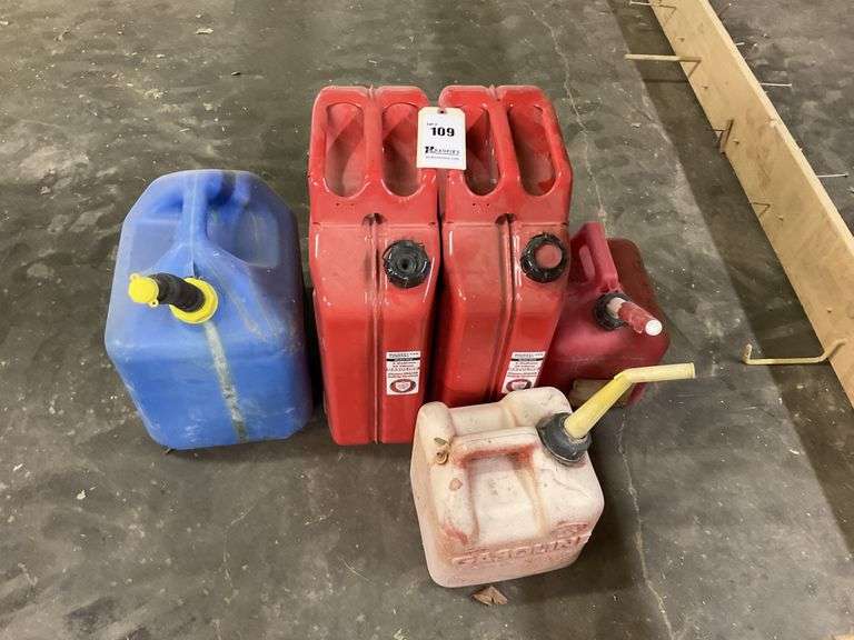 Gas Cans - 2 steel, 3 plastic
