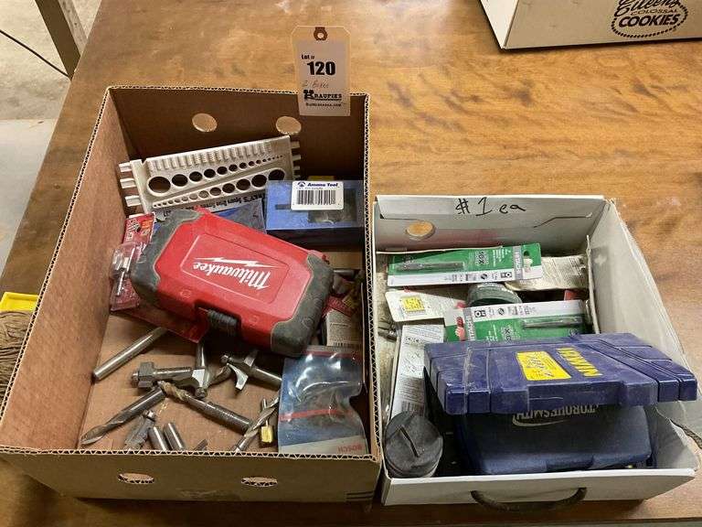 2 boxes of Misc Router Bits, Drill Bits, and Impact Driver Bits