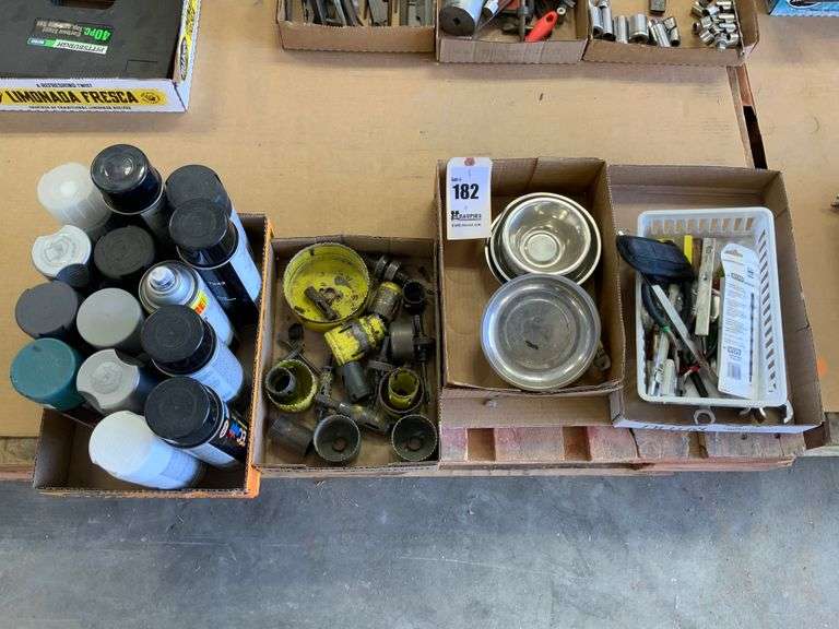 Four boxes , hole saws, paint, magnetic pans