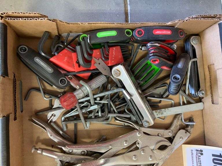 Box of vise grips, Allen wrenches, Torx wrenches