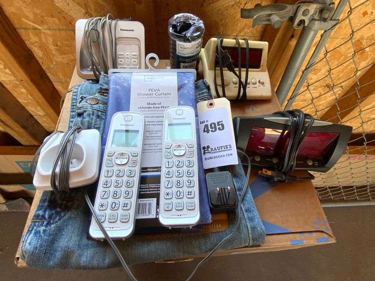 2 Bedside Radios/Alarms, Panasonic Phones, Shower Curtain & New 32 x 32 Jeans