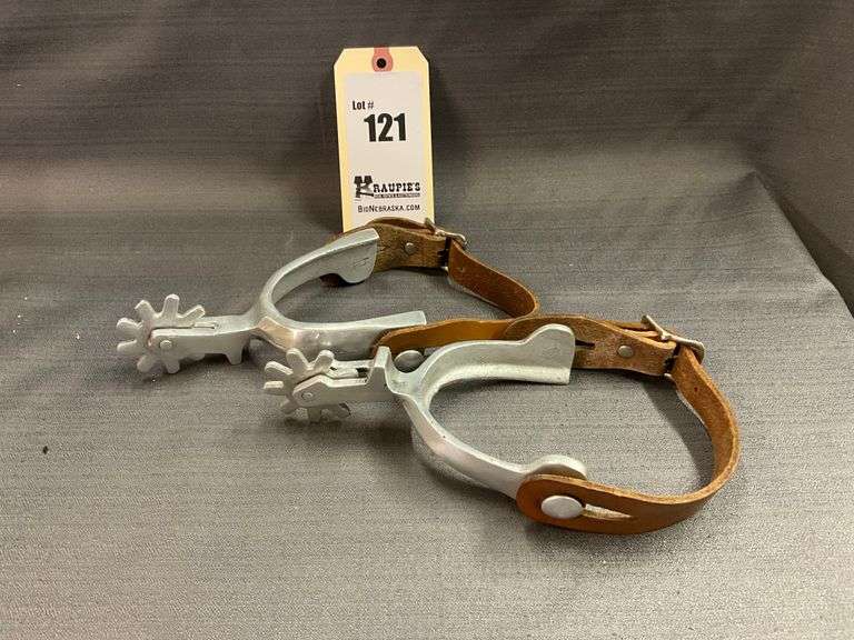 Vintage Aluminum Spurs, 9 Pt. Rowel, Leather Straps