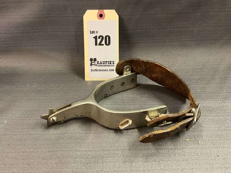 Single Steel Spur, Leather Strap, 5 Pt. Rowel, Kelly Stamped