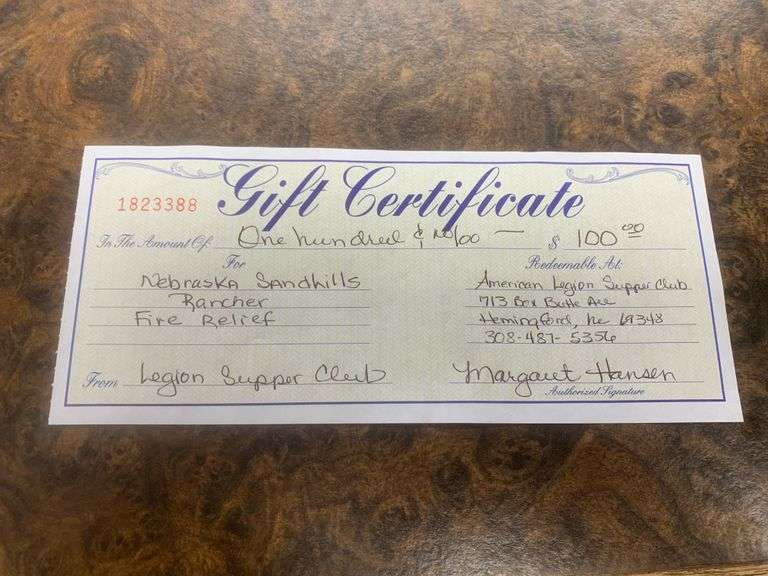 $100 Gift Certificate to Hemingford, NE American Legion Supper Club