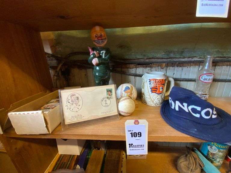 Denver Broncos Stein, Hat, Baseball Cards, Grapette Grape Soda Bottle & More