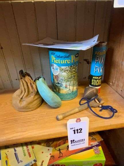 Wooden Top and Launcher, Pixy Stix, 50's Era Whitman Deluxe Puzzle, Marbles in Leather Pouch