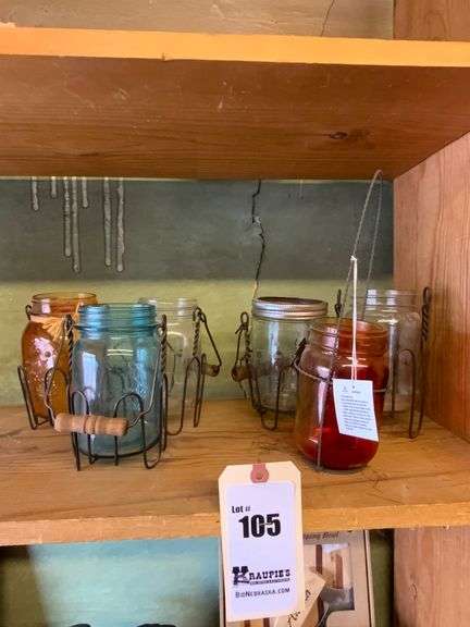 5 Jars in Wire Bail Carriers, 1 Jar in Votive Candle Holder