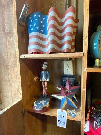 Tin Stars, Flag, Wooden Uncle Sam Folk Art