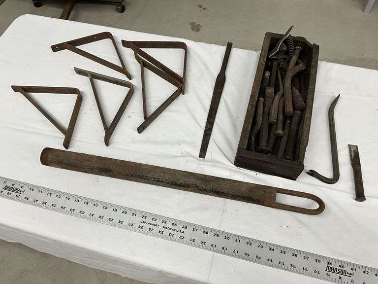 Shelving brackets, chisels etc.