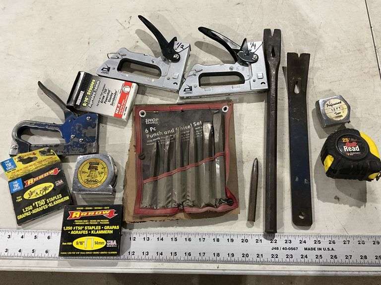 Punches/chisels, pry bars, tape measures and staplers