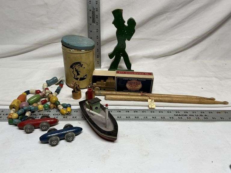 Vintage beads, drum sticks, cars, etc