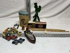 Vintage beads, drum sticks, cars, etc