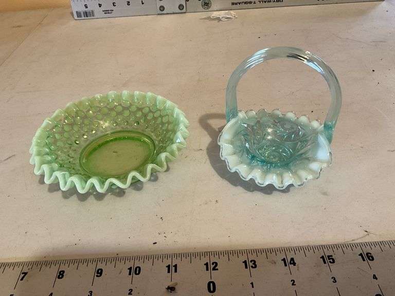 Fenton aqua glass basket, hobnail dish