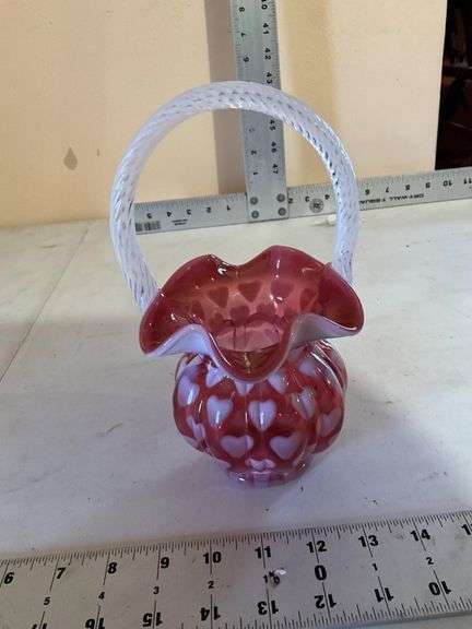 Fenton cranberry heart ruffled basket